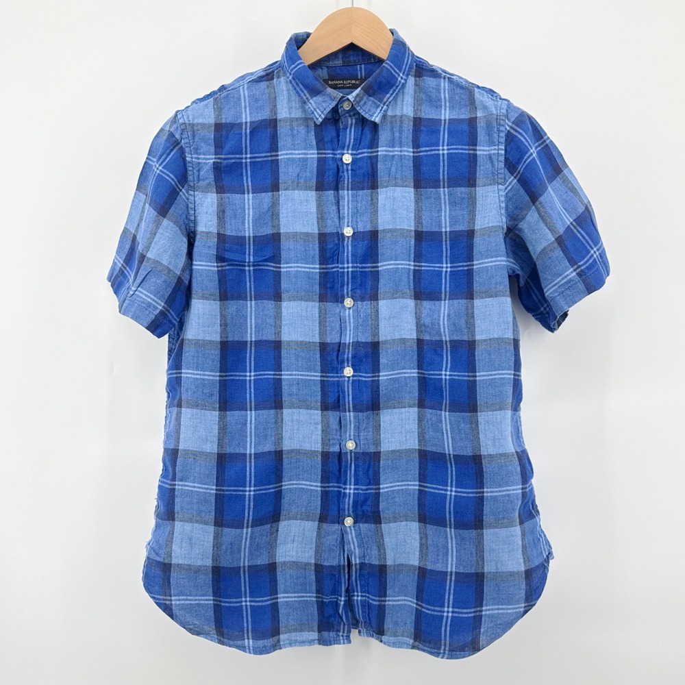 Banana Republic Camden Fit Mens Medium Blue Plaid Linen‎ Short Sleeve Shirt